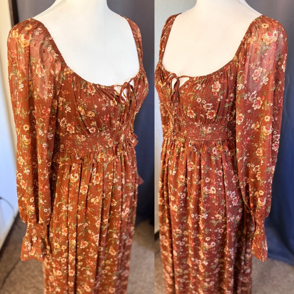 By The River Floral Smocked Midi Dress Rust Cottagecore Small - Picture 4 of 10